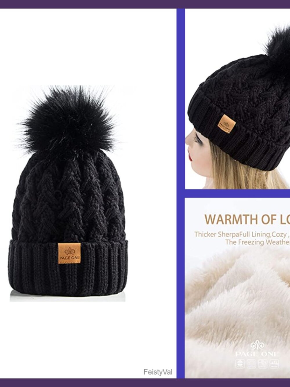 Womens Ribbed Cable Knit Beanie Chunky Pompom Warm Winter Hat